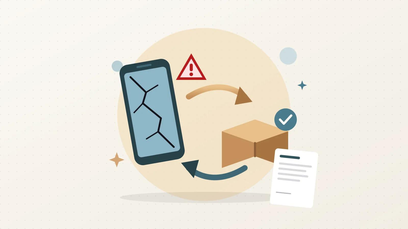 Ekranı çatlamış telefon ve üstünde kırmızı uyarı üçgeni, karşısında onay rozetli sağlam kargo kutusu, aralarında iki yönlü değişim okları ve küçük bir dilekçe
