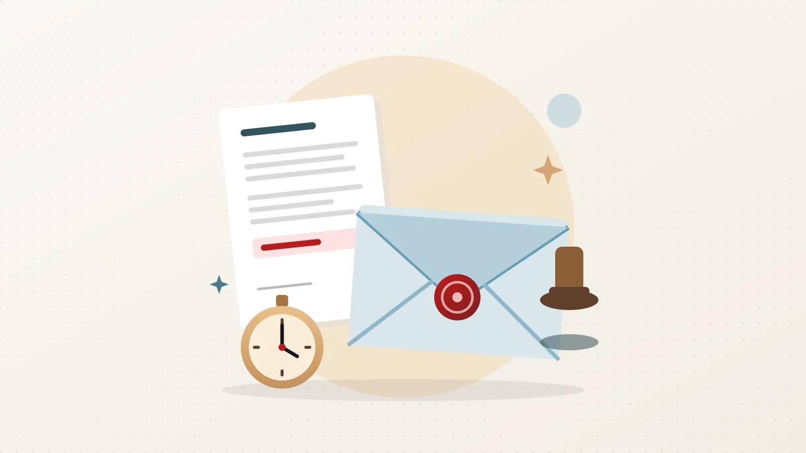 Kırmızı balmumu mühürlü büyük bir zarf, arkasında kırmızı süre şeridi taşıyan bir belge, yanında ahşap noter damgası ve altın kasalı bir cep saati